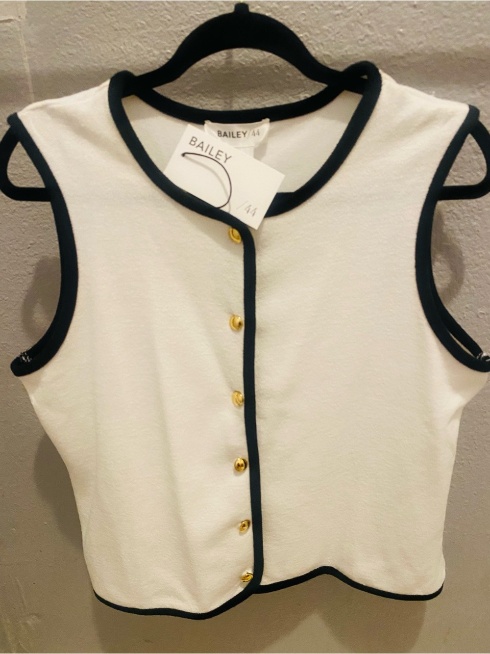 Bailey White Sleeveless Button-Front Top with Black Trim